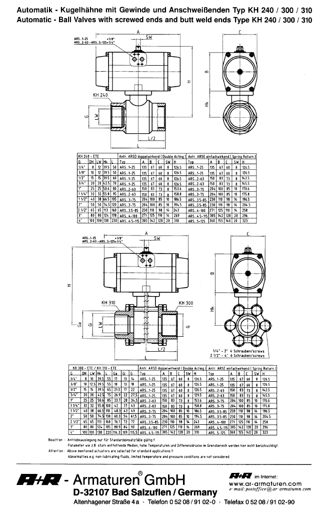 A+R Armaturen KH 240-310 Actuator DIN Datasheet