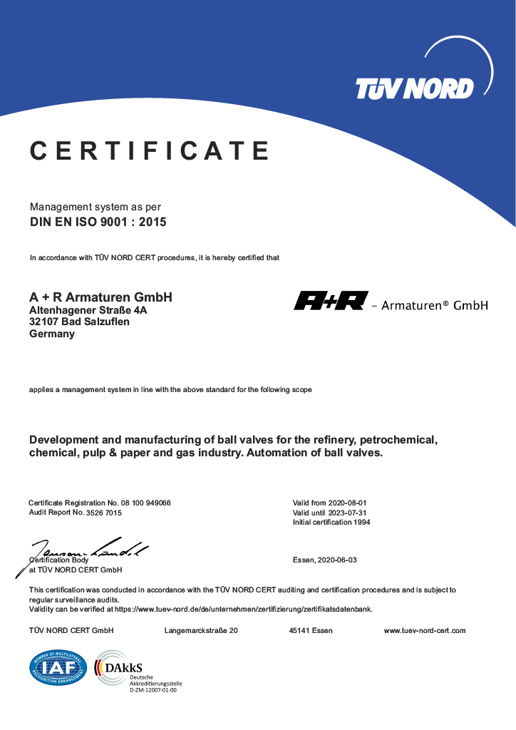 A+R Armaturen ISO 9001