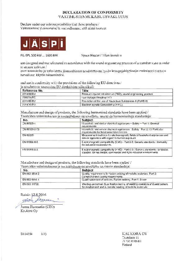 JÄSPI FIL SPL Certificate Of Confirmity